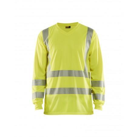 T-shirt manches longues haute visibilité col v anti-UV jaune fluo