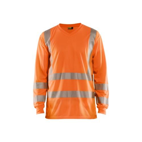 T-shirt manches longues haute visibilité col v anti-UV orange fluo