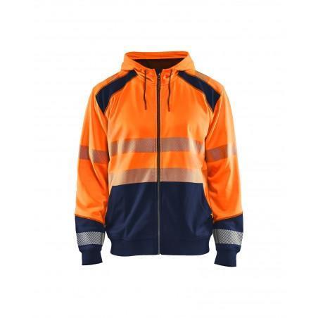 Sweat zippé à capuche haute-visibilité orange fluo/marine