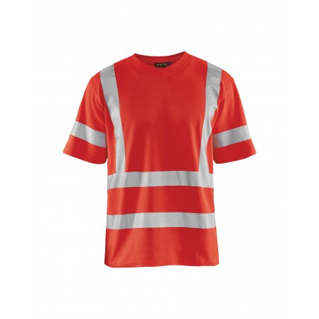 t-shirt-haute-visibilite-col-v-anti-uv-rouge-fluo-blaklader